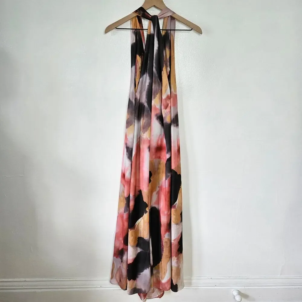 NEW Edition Asos Watercolor Print Satin Halter Maxi‎ Dress 4 Pink Black Tan NWT